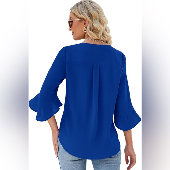 Qirno Chiffon Blouses for Women Ruffle 3/4 Sleeve Dressy V Neck Casual in blue - Picture 2 of 11